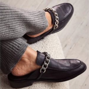 Free People Black Mules with Silver Chain